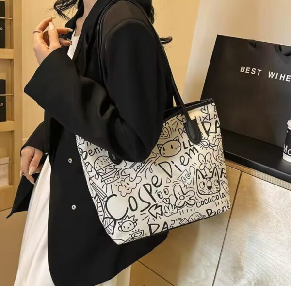 Printed canvas graffiti tote bag with doll